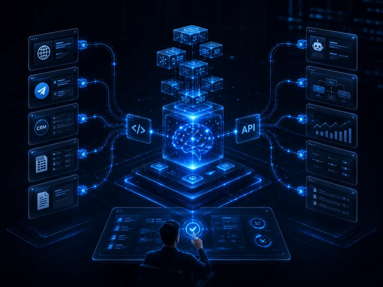 Техническая схема AI-агента: API, CRM, Telegram, документы, таблицы, база знаний и рабочие модули