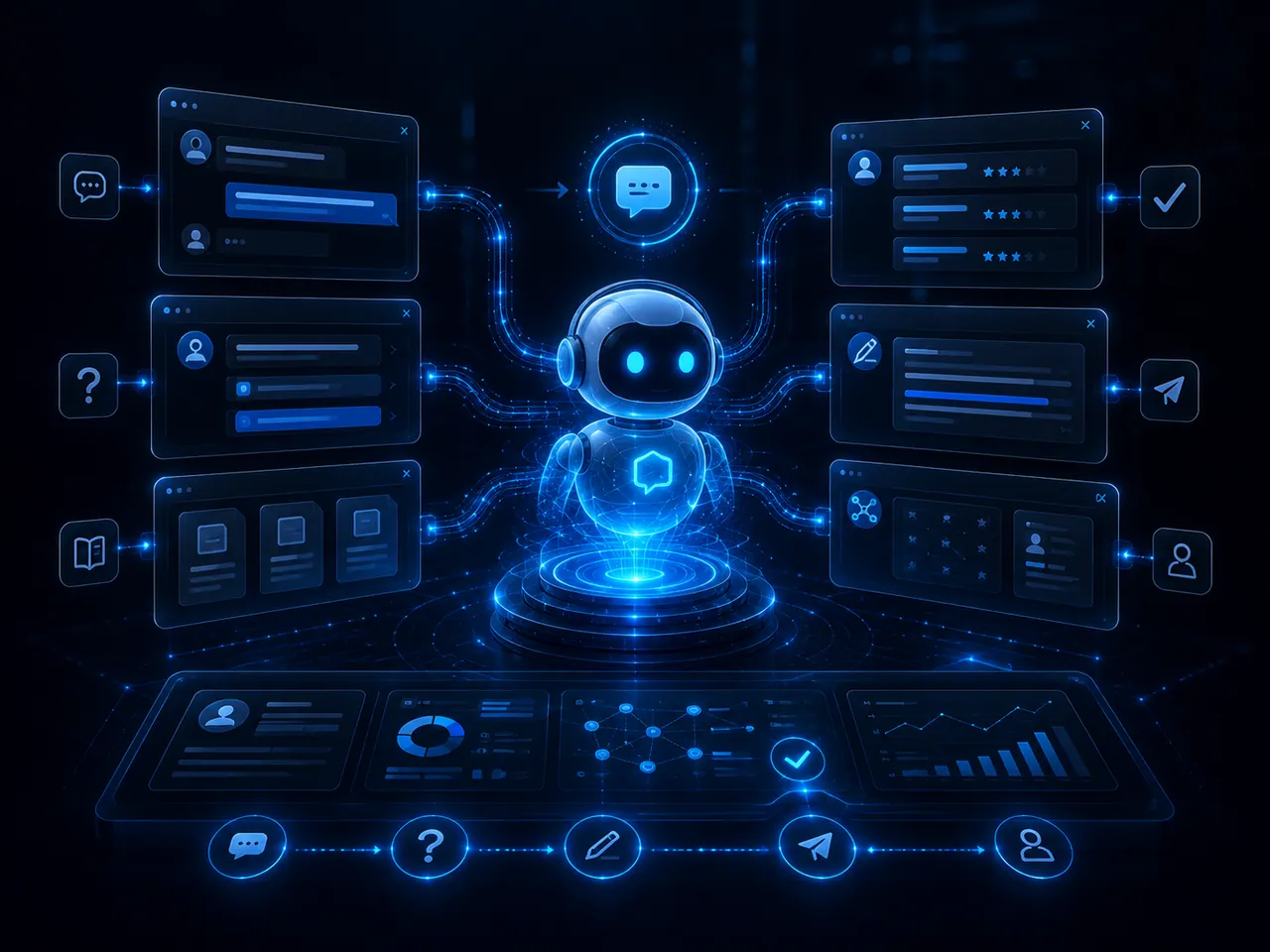 AI-бот помощник для сайта: вопросы клиентов, база знаний, отзывы, тексты, Telegram и передача менеджеру