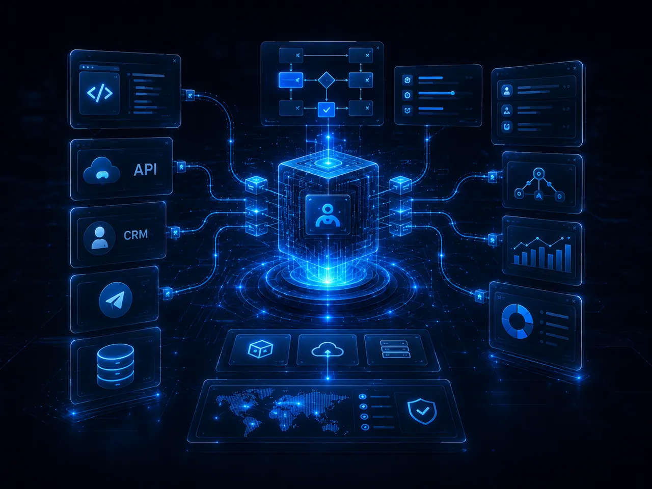 AI-интеграционный центр: API, CRM, Telegram, база данных, отчеты и аналитика в одной системе