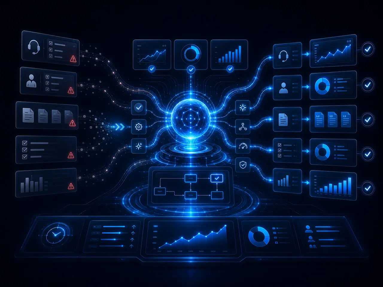 AI-конвейер качества: входящие проблемы, классификация, улучшение, отчеты, документы и подтвержденные результаты