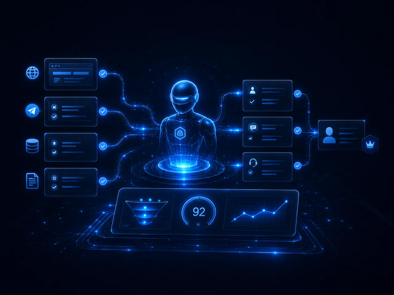 AI-ассистент продаж с оценкой лида: каналы, профиль клиента, диалог, поддержка, скоринг и график роста