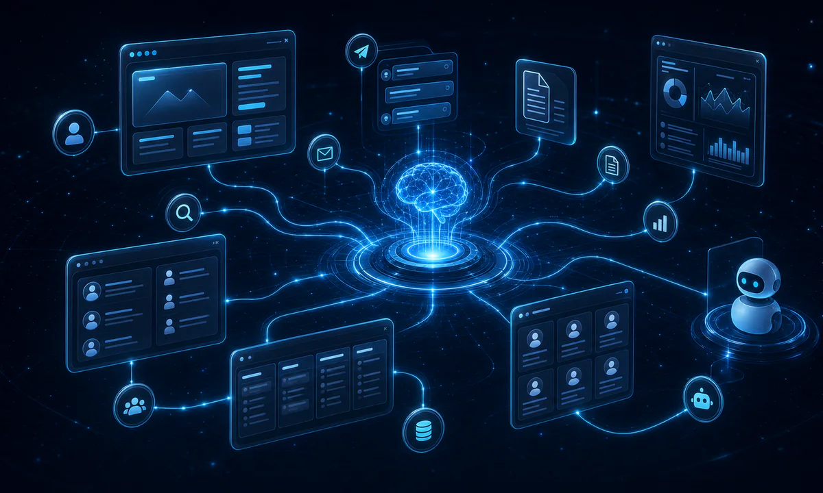 Схема AI-автоматизации бизнеса: заявки, CRM, документы, аналитика, сотрудники и AI-агенты Srednoff agency